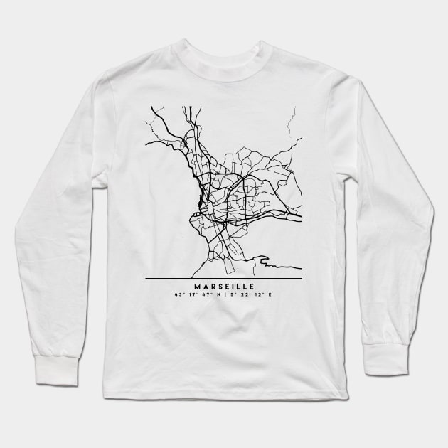 MARSEILLE FRANCE BLACK CITY STREET MAP ART Long Sleeve T-Shirt by deificusArt